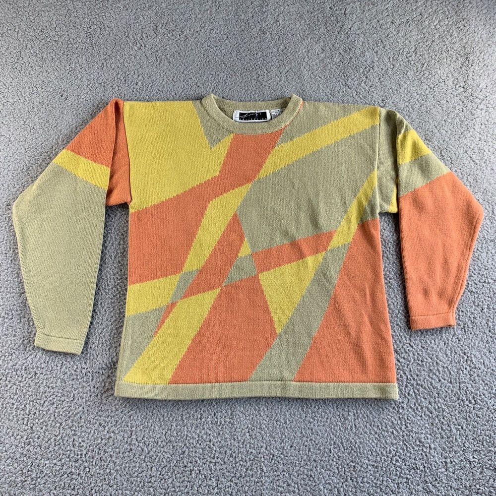 Vintage Fong's Sweater Womens Small Green Yellow Orange Geometric Chunky Knit